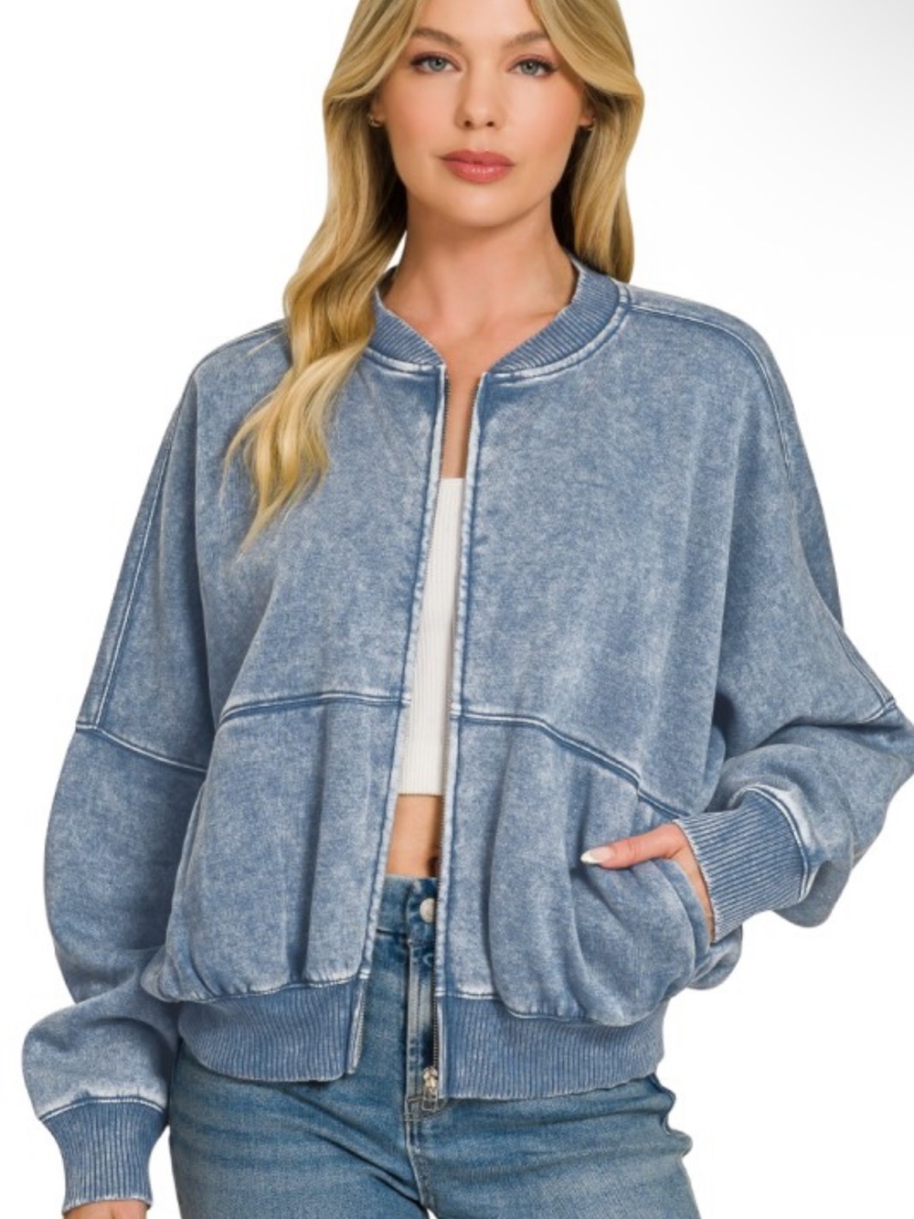 Zenana Dusty Blue Mineral Wash Fleece Set Bomber Jacket and Wide Leg Pants - Picture 2 of 3
